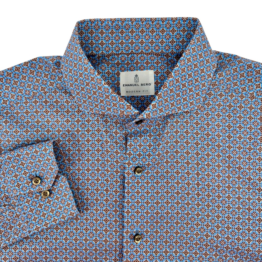 Emanuel Berg Modern Fit Shirt Mens 16.5 L Blue Floral Geometric PEB 54468 Poland